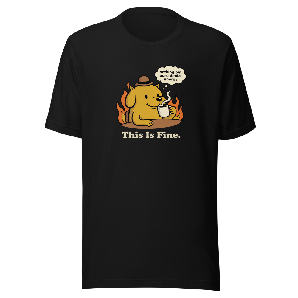 Everything's Fine Coffee Dog Meme Tee — black front view