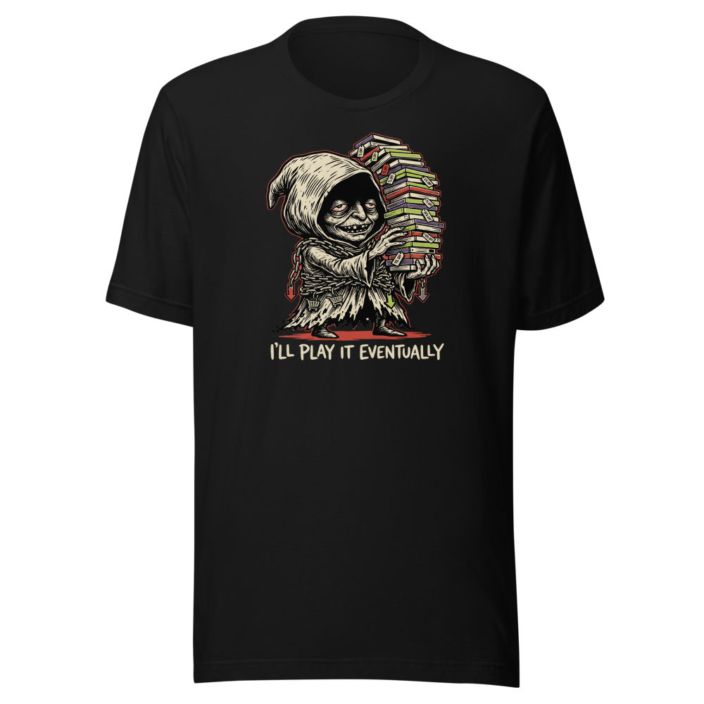 Eternal Sale Backlog Gremlin Linocut Gamer Tee — black front view