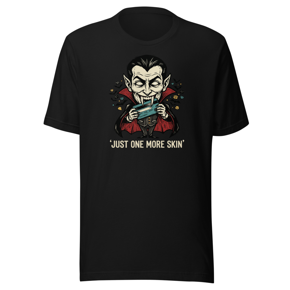 Microtransaction Vampire Woodcut Gaming Meme Tee — black front view