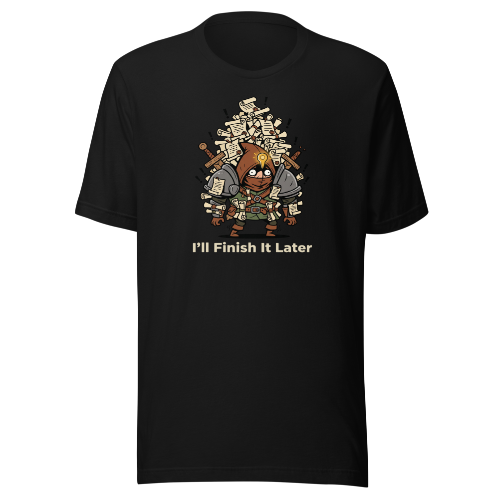 Side Quest Hoarder Retro RPG Gamer Tee — black front view