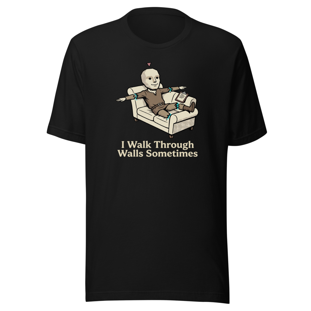Glitched NPC Therapy Couch Wall-Walk Gamer Tee — black front view