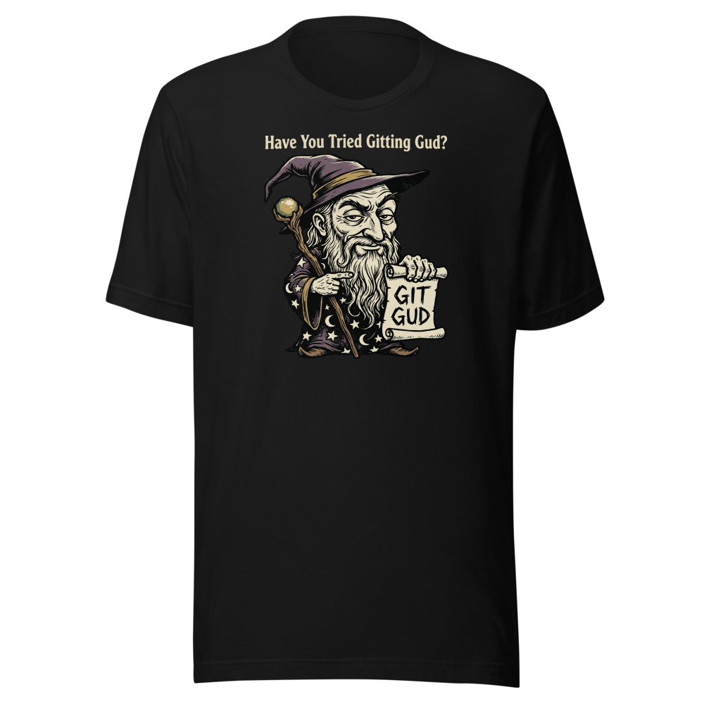 Git Gud Wizard Mentor Woodcut Gamer Meme Tee — black front view
