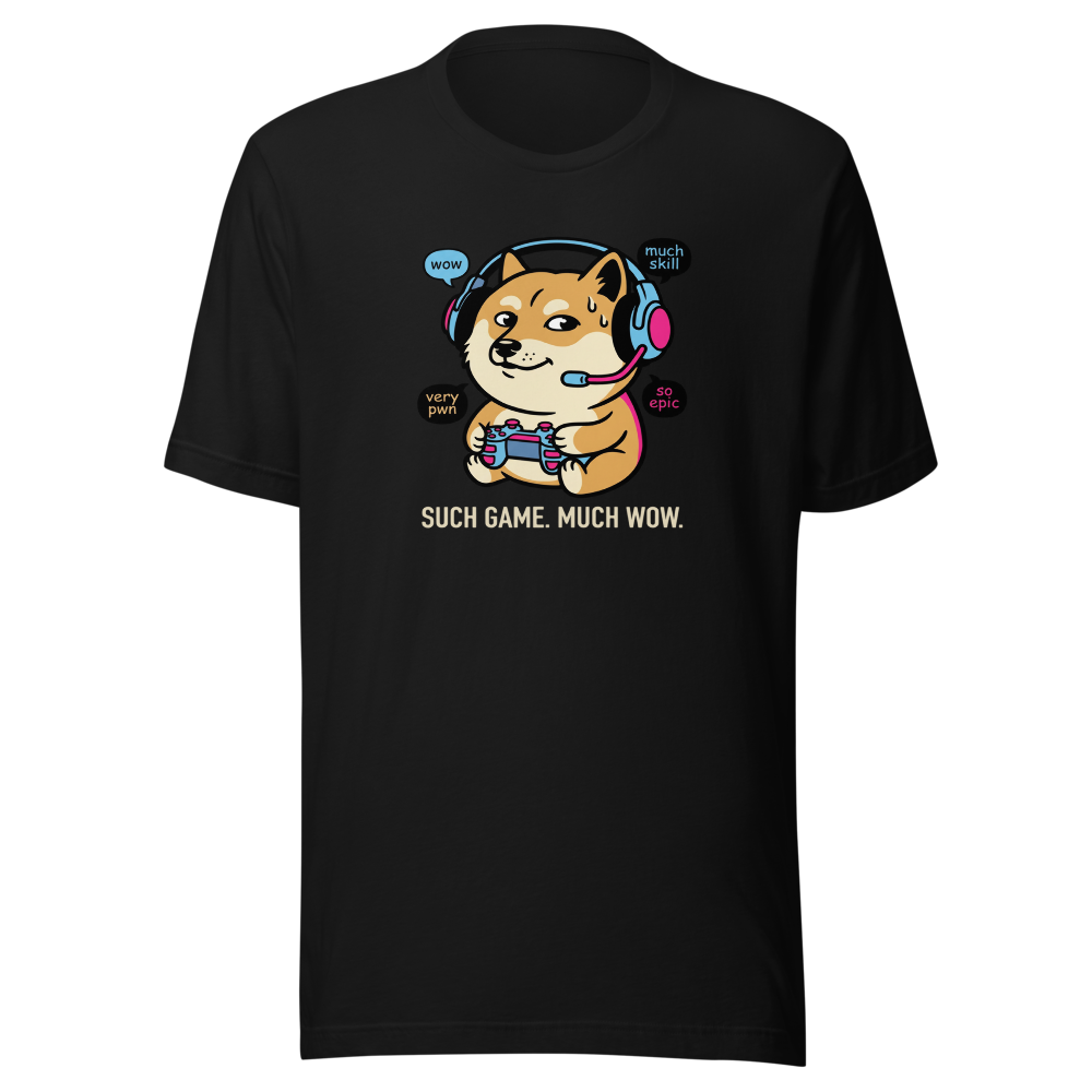Sweaty Shiba Streamer Such Wow Gaming Meme Tee — black front view