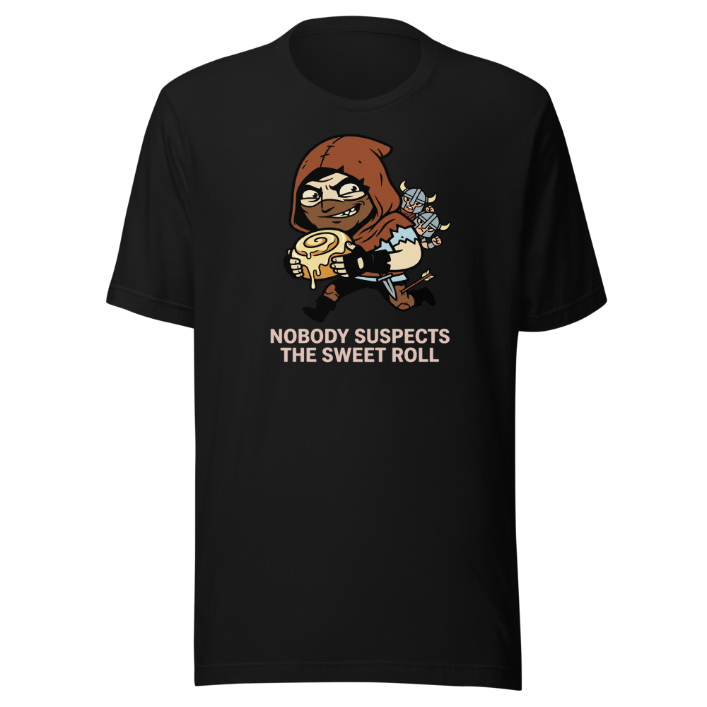 Nobody Suspects The Sweet Roll Retro RPG Thief Tee — black front view