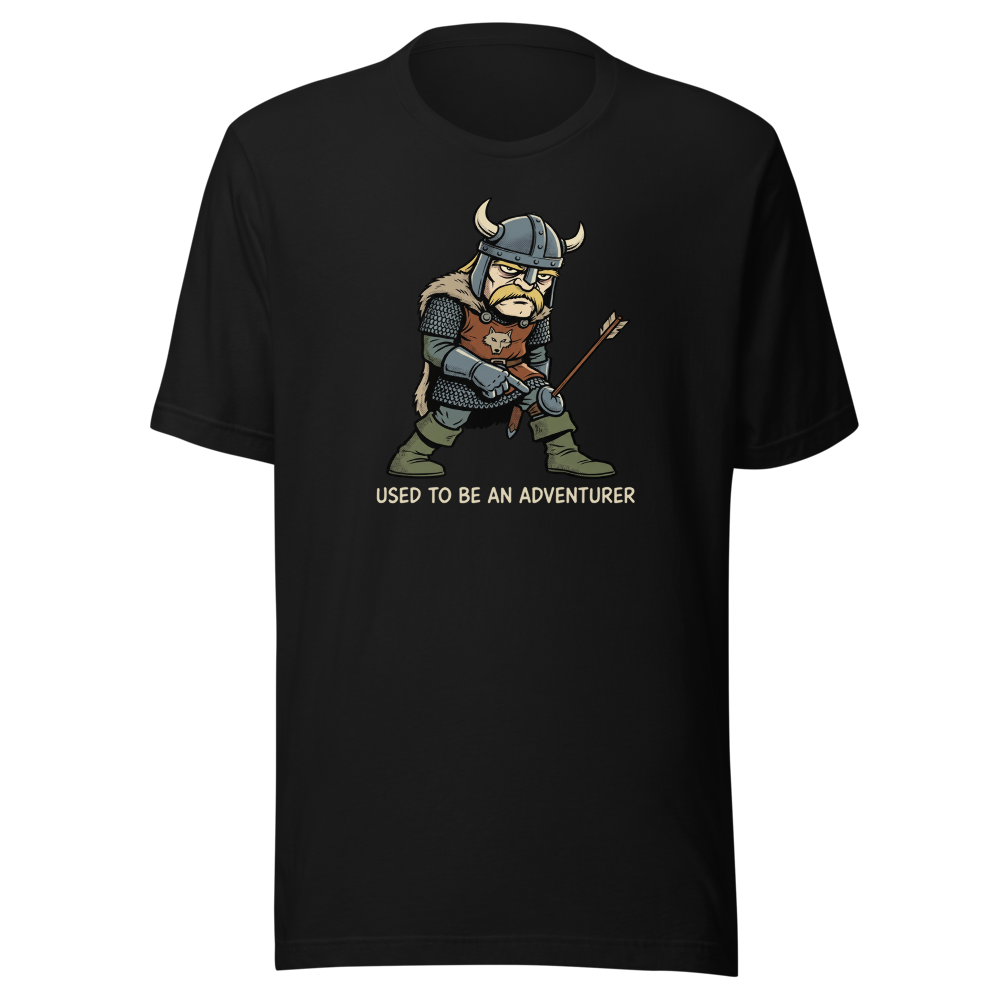 Retired Adventurer City Guard Comic Ink Tee — black front view