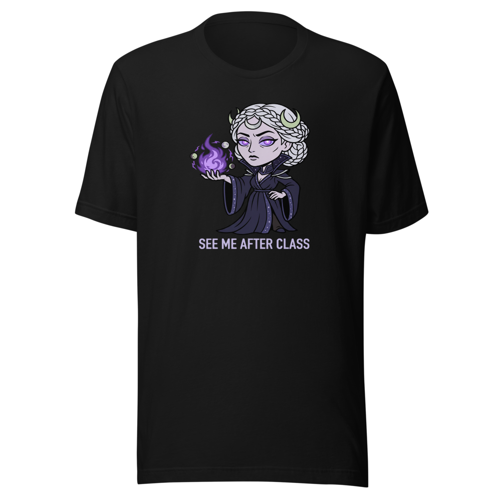 Witch Instructor See Me After Class Spell Tee — black front view