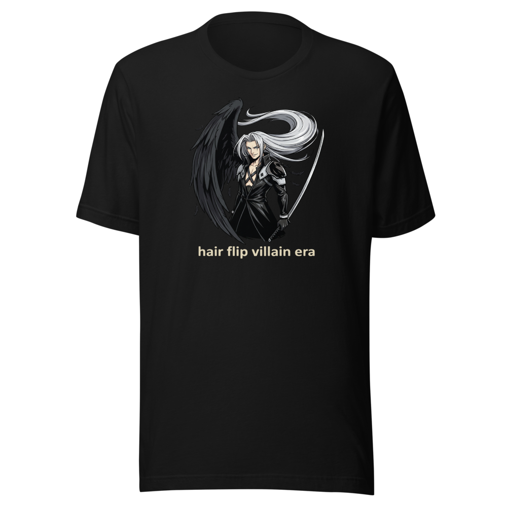 Hair Flip Villain Era Anime Swordsman Tee — black front view