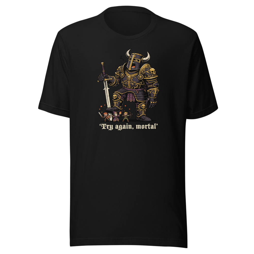 Try Again Mortal Optional Superboss RPG Tee — black front view