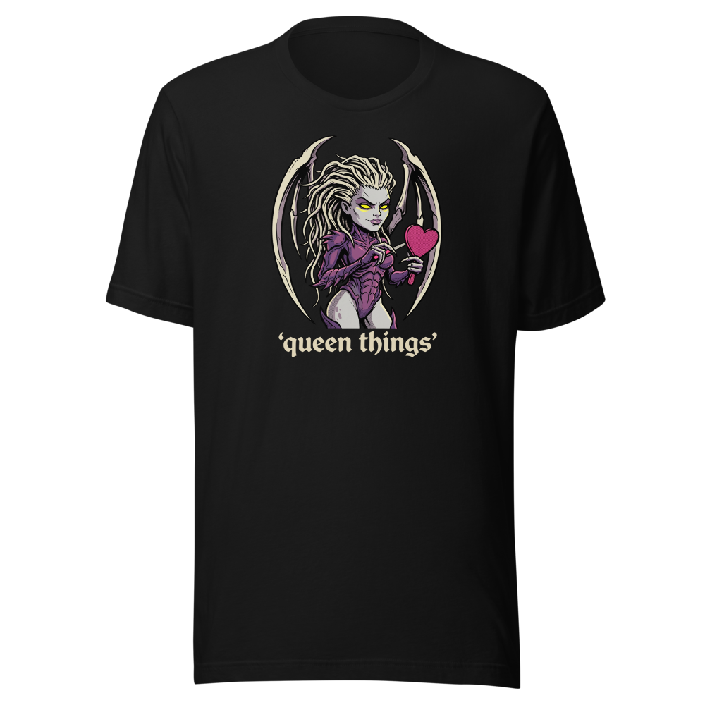 Queen Things Bone-Blade Vanity Boss Comic Ink Tee — black front view