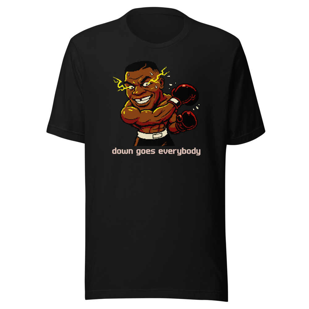 16-Bit Pixel Boxer Down Goes Everybody Retro Tee — black front view