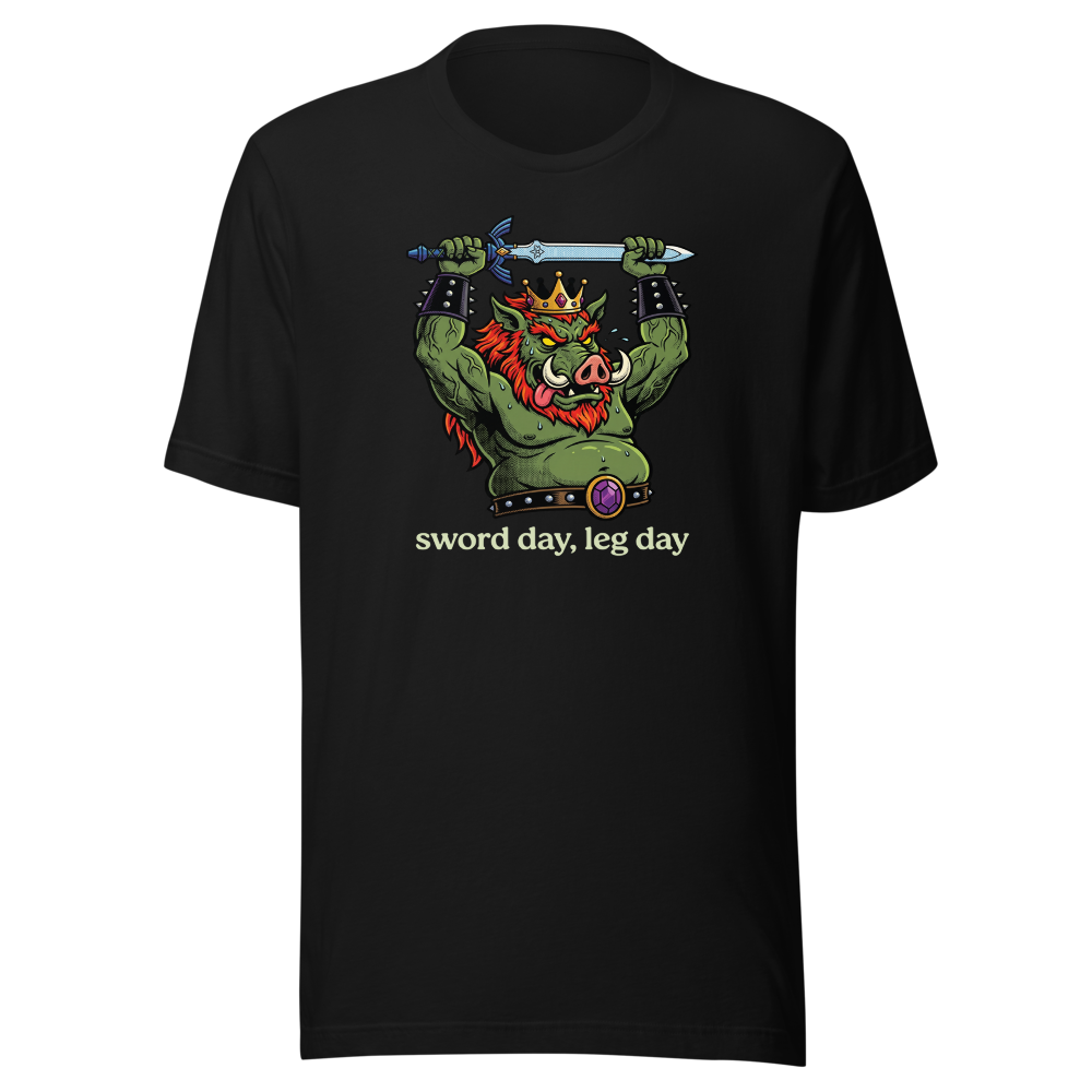 Sword Day Leg Day Boar King Boss Workout Tee — black front view