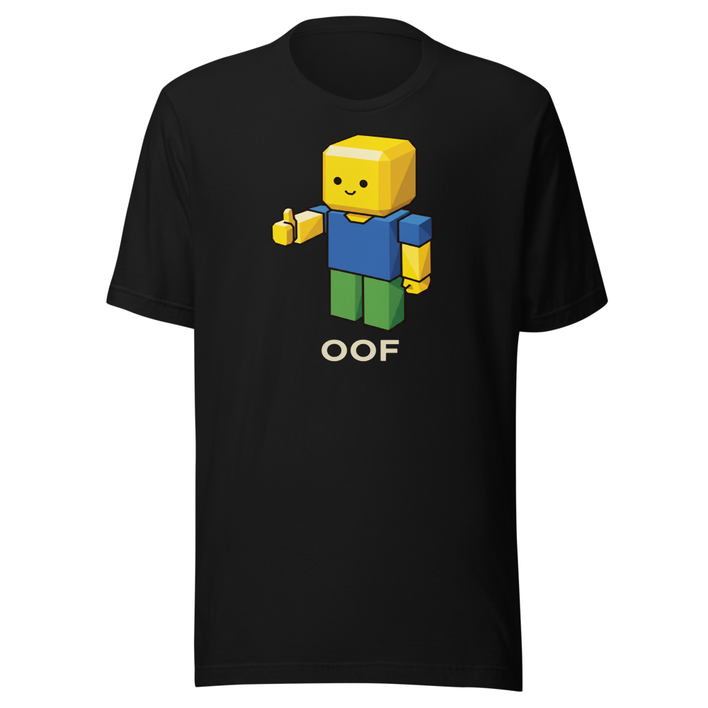 Low-Poly Blocky Noob Oof Sandbox Gamer Tee — black front view
