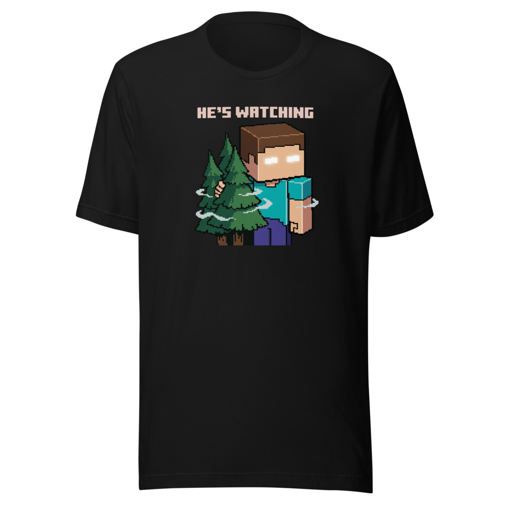 He's Watching Pixel Lurker Retro Sandbox Tee — black front view