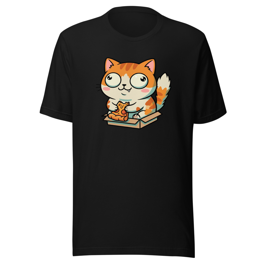 Chibi Pizza Cat Cardboard Box Zoomies Kawaii Tee — Premium Tee — black front view