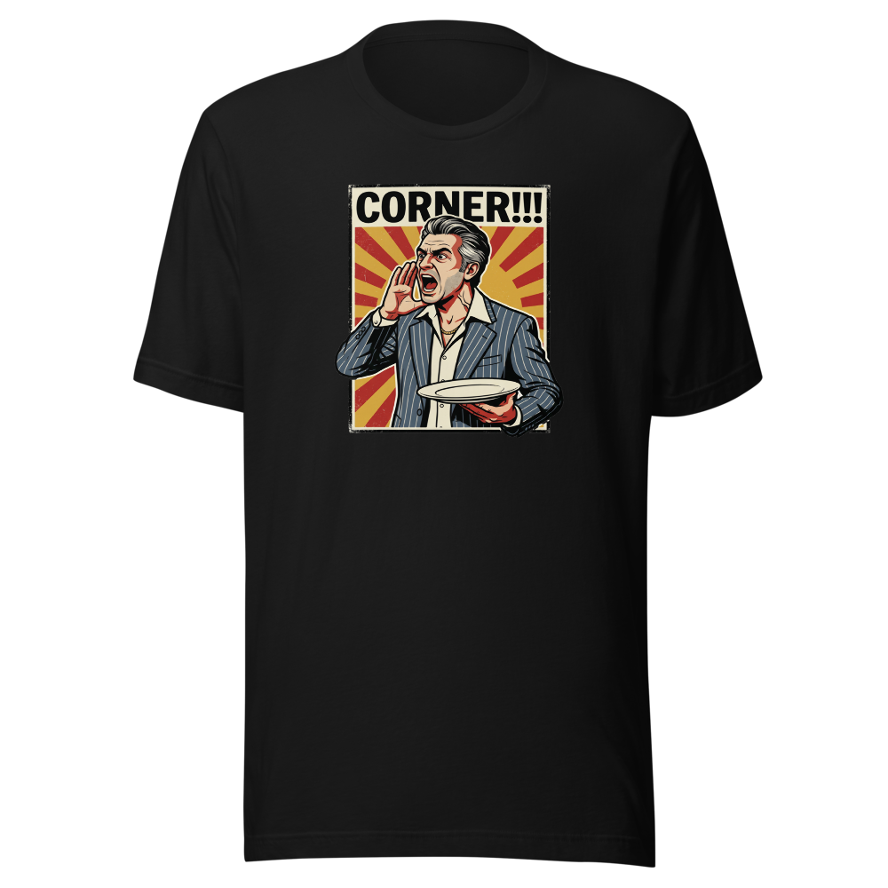 Corner Screaming Waiter Propaganda Fine Dining Tee — Premium Tee — black front view