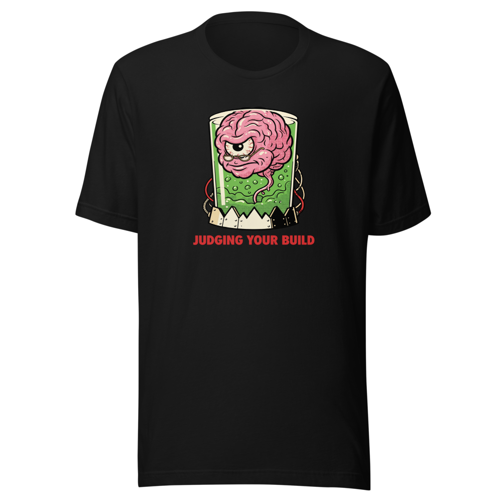 Judging Your Build Brain in a Jar Boss Tee — Premium Tee — black front view