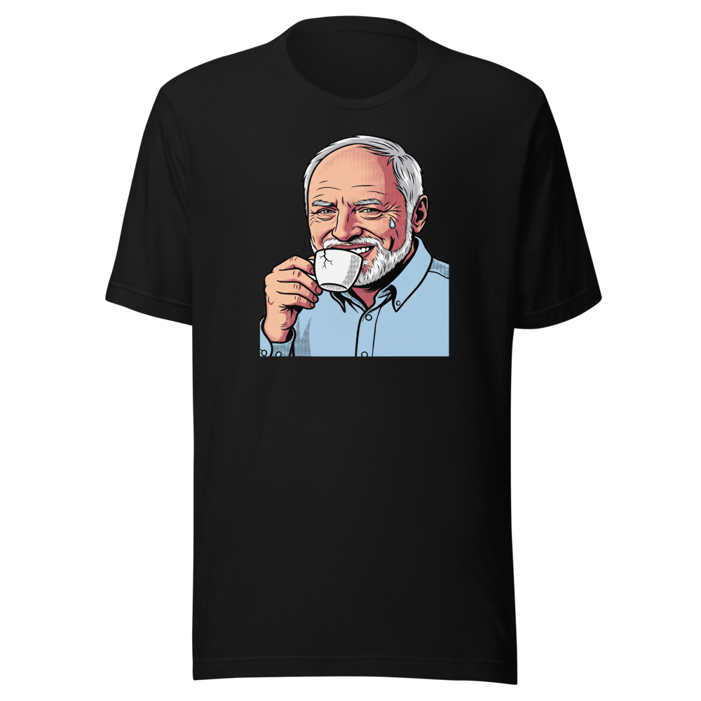 Fake Smile Coffee Guy Halftone Pop Art Meme Tee — black front view