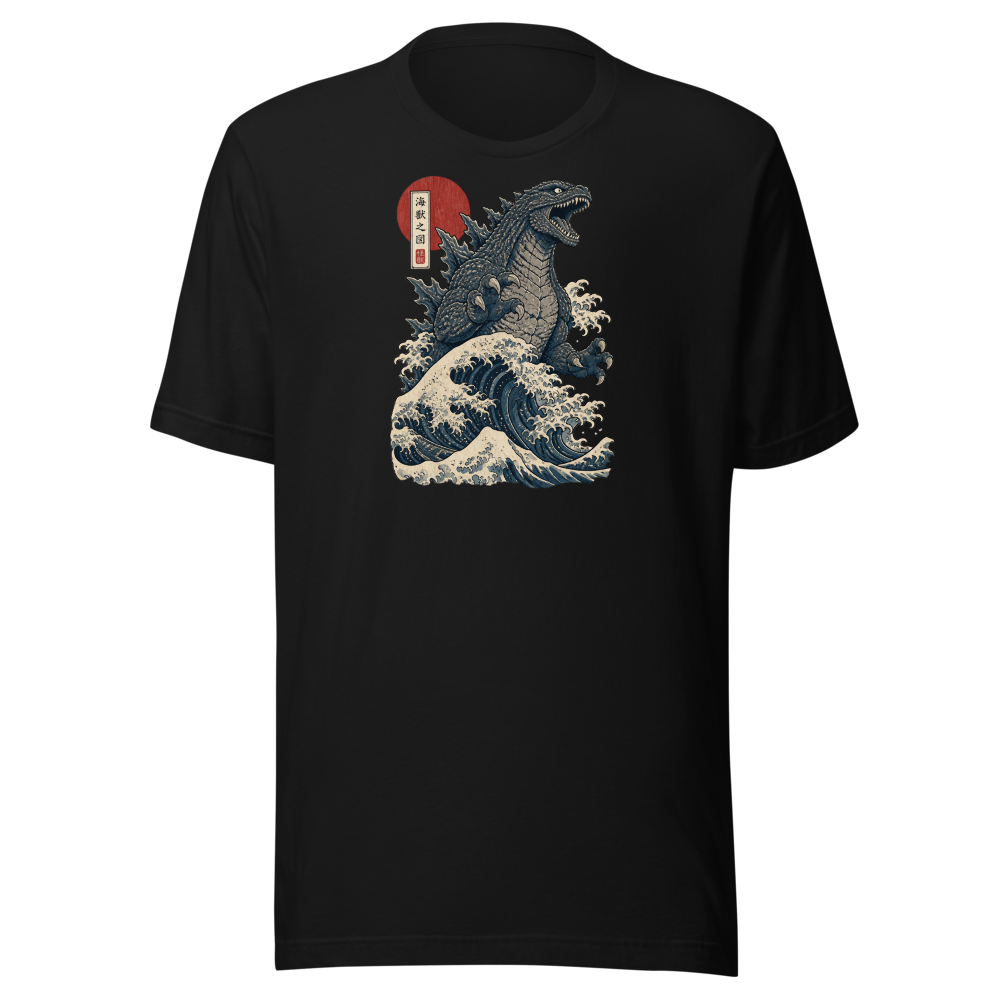 Sea Monster Great Wave Woodblock Print Tee — black front view