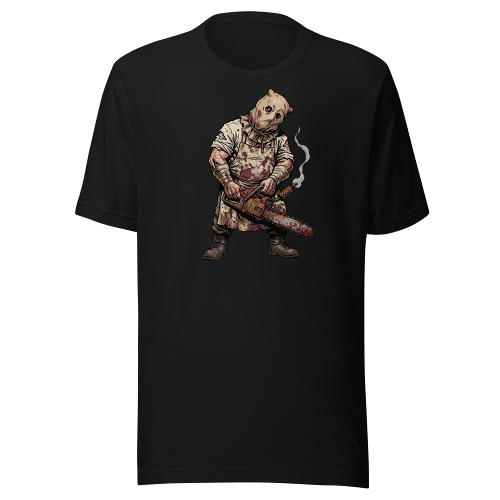 Sack Mask Chainsaw Executioner Horror Tee — black front view