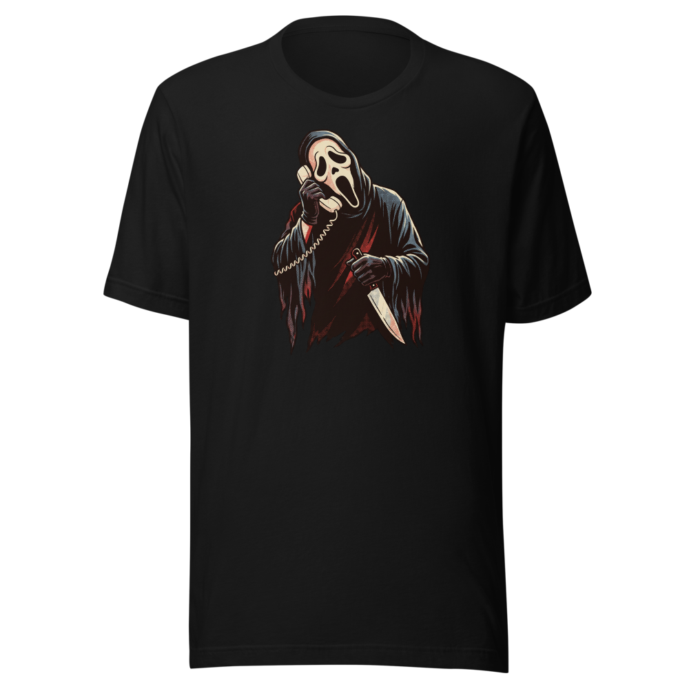 Masked Phone Caller On Hold Halftone Horror Tee — black front view