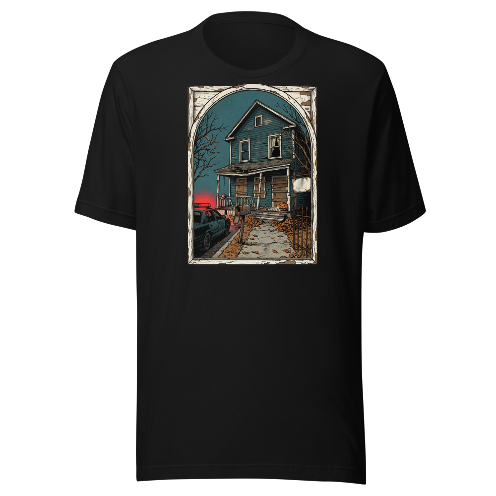 Haunted House Halloween Night Screen Print Horror Tee — Premium Tee — black front view