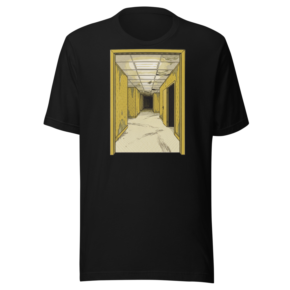 Yellow Liminal Hallway Endless Corridor Riso Tee — Premium Tee — black front view
