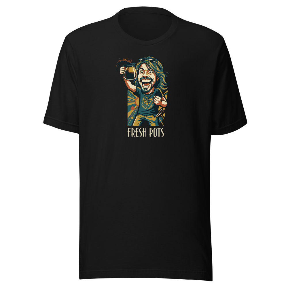 Fresh Pots Coffee Fueled Rock Drummer Art Deco Poster Tee — Premium Tee — black front view