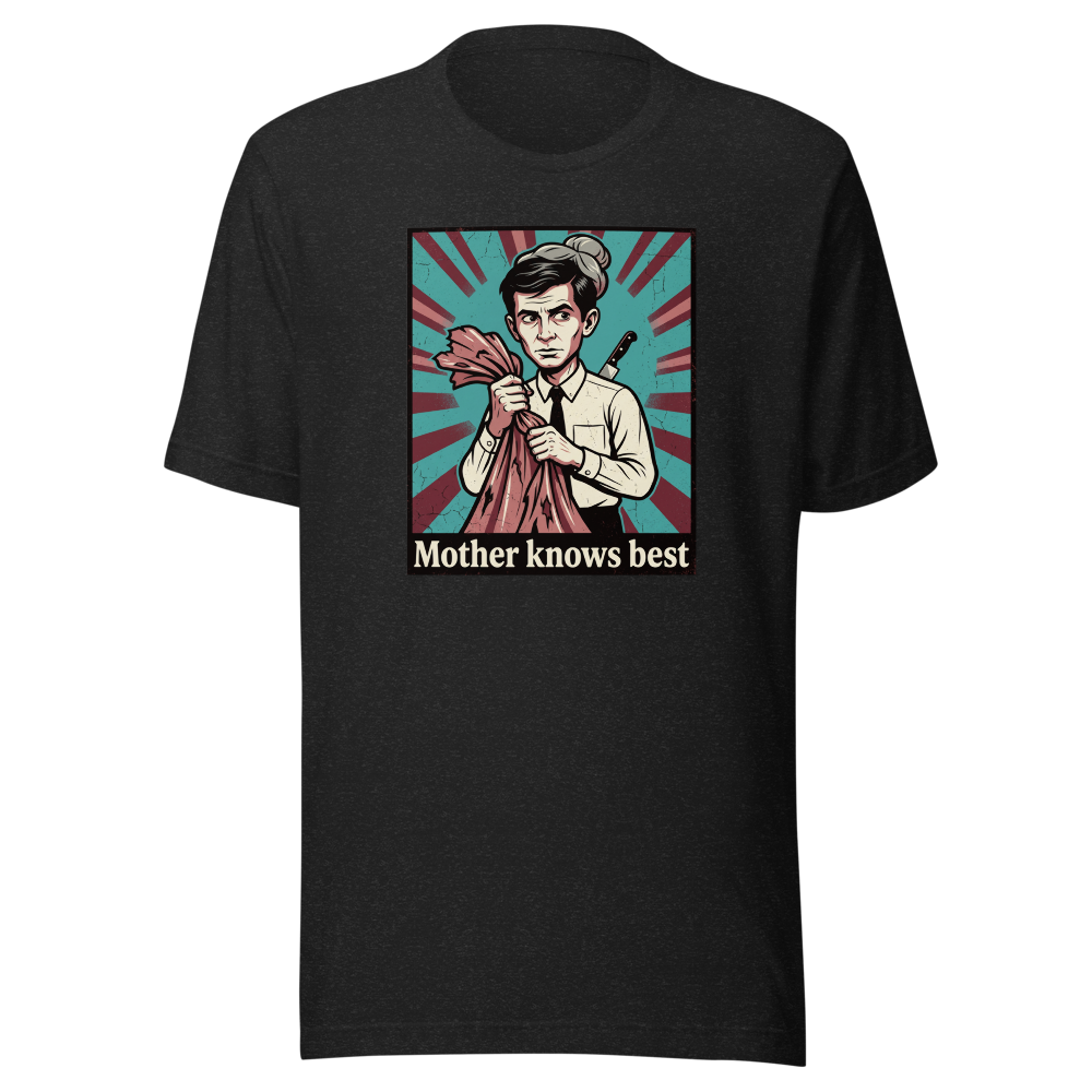 Mother Knows Best Motel Keeper Propaganda Tee — black heather front view