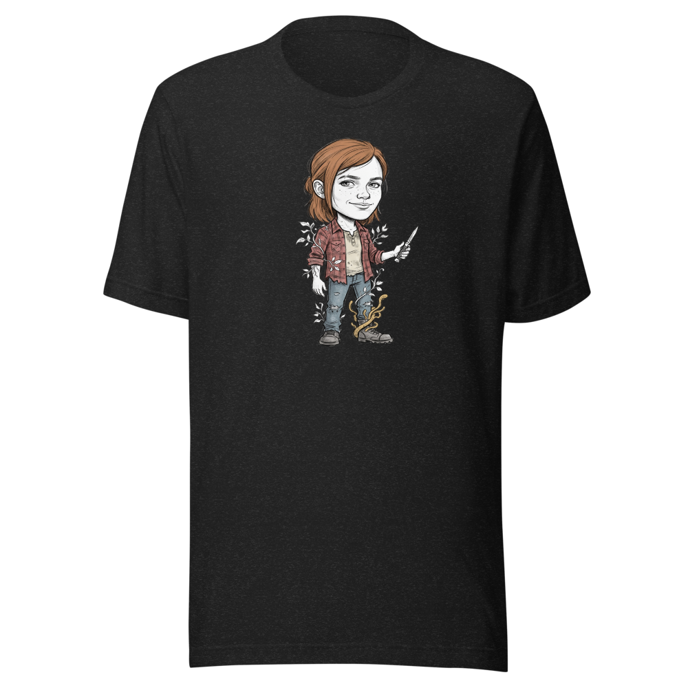 Post-Apocalyptic Survivor Girl Switchblade Sketch Tee — black heather front view