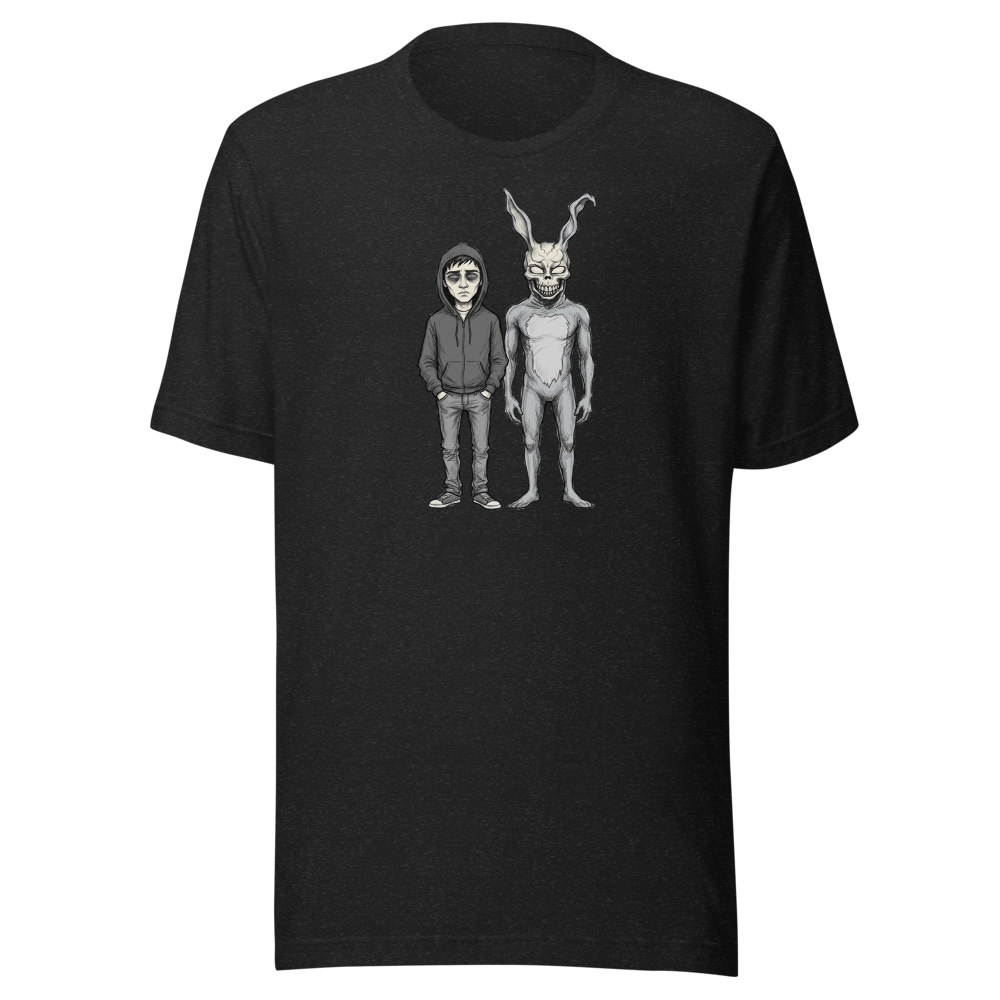 Doomed Teen and Demon Rabbit Sketch Cult Horror Tee — black heather front view