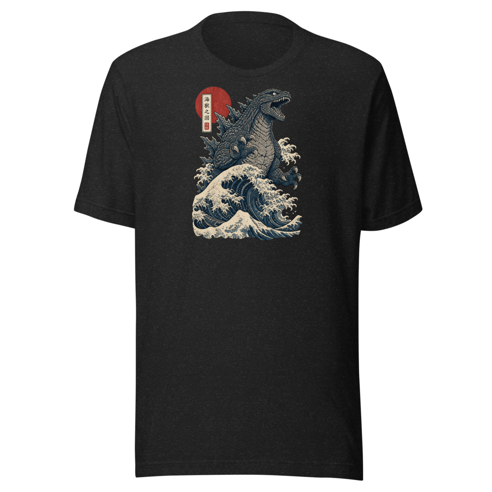 Sea Monster Great Wave Woodblock Print Tee — black heather front view