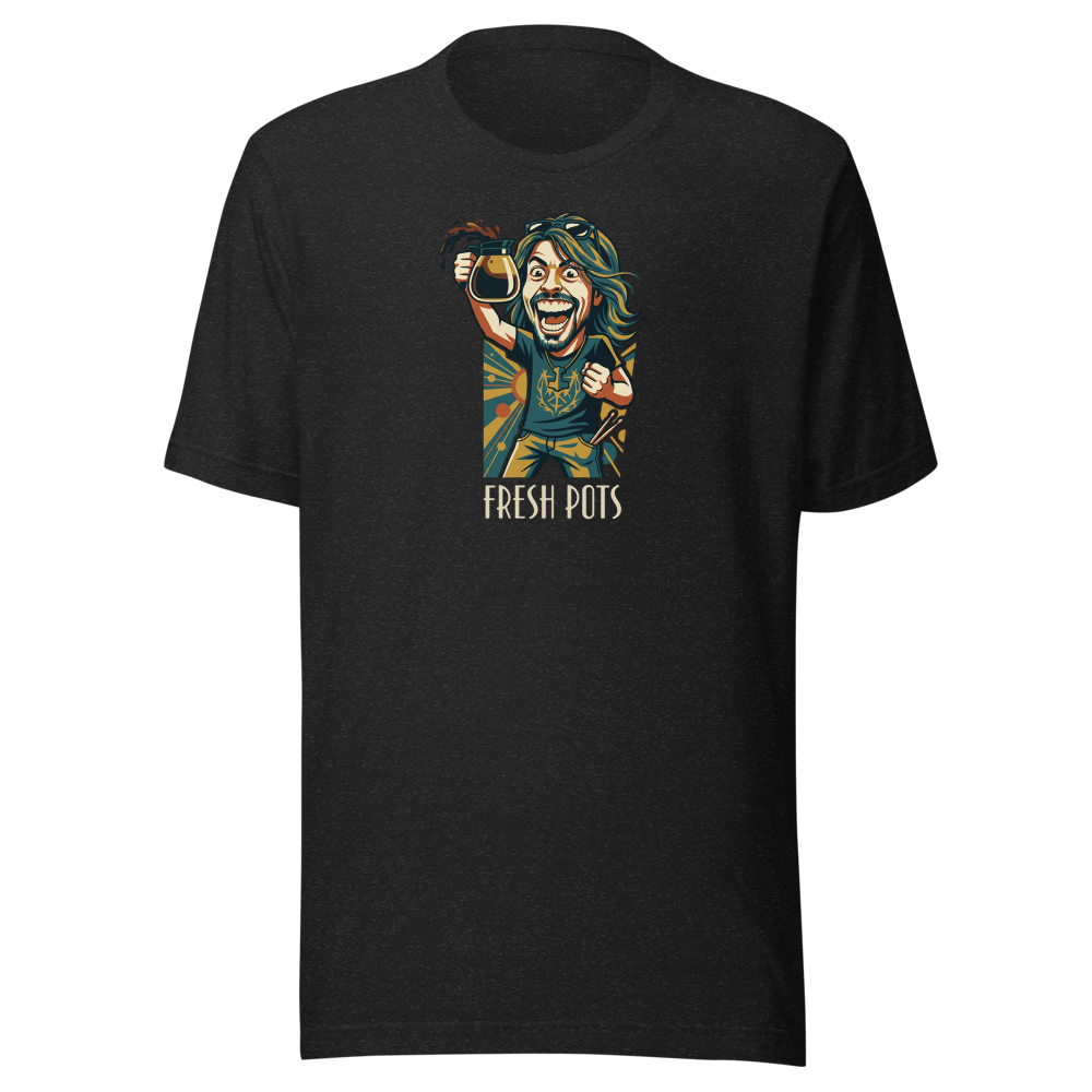 Fresh Pots Coffee Fueled Rock Drummer Art Deco Poster Tee — Premium Tee — black heather front view