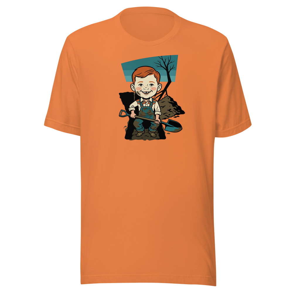 Suspicious Backyard Digger Vintage Poster Tee — burnt orange front view