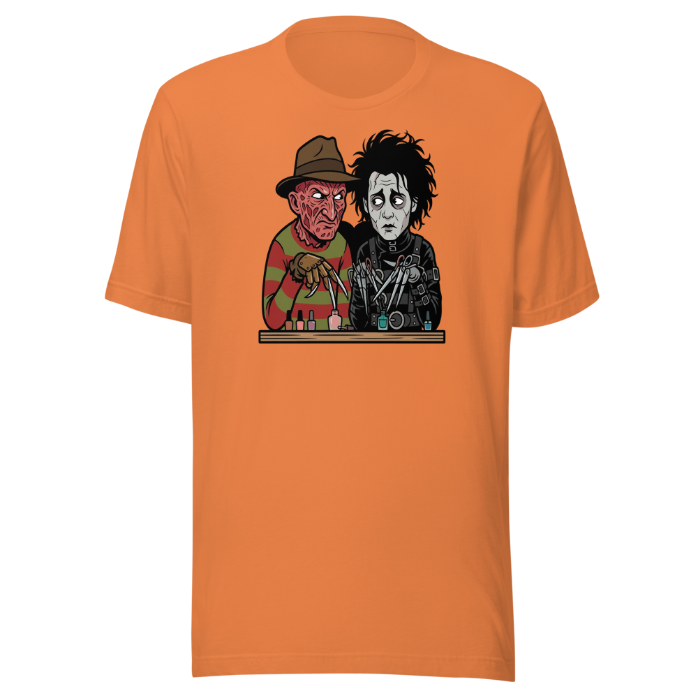 Bladed Villains Nail Salon Side-Eye Horror Tee — Men's Premium Tee — burnt orange front view