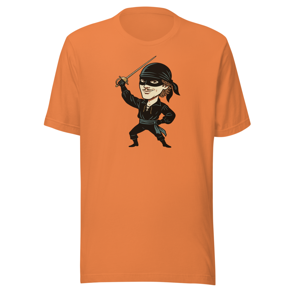 Masked Swashbuckler Vintage Pirate Poster Tee — burnt orange front view