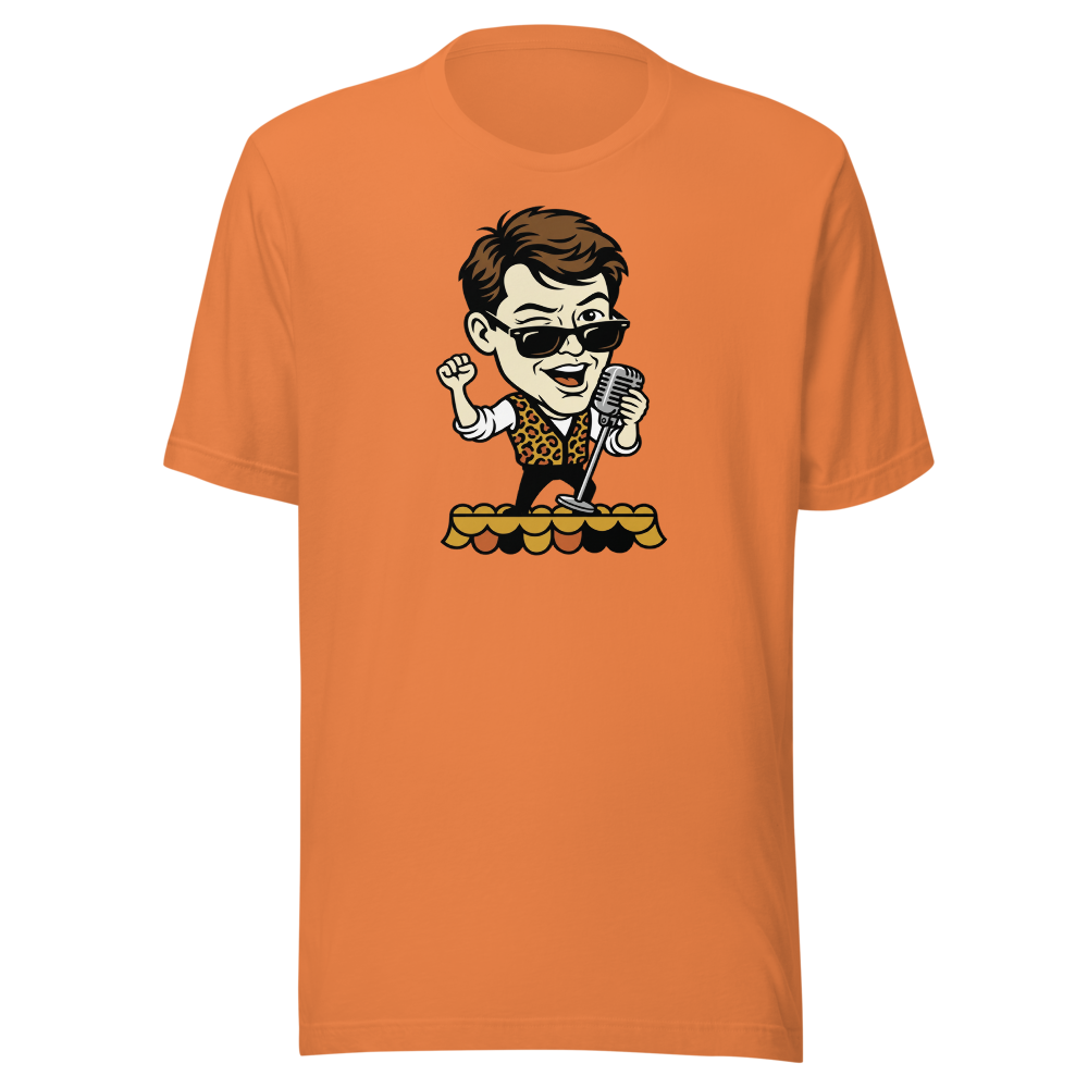 Parade Float Crooner Leopard Vest Retro 80s Tee — burnt orange front view
