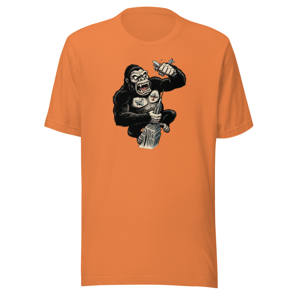 Giant Ape Skyscraper Biplane Smash Comic Tee — burnt orange front view