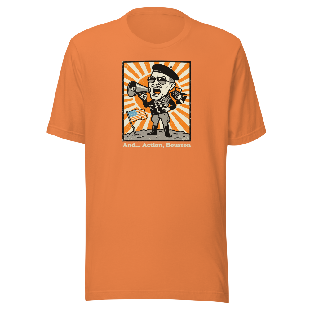 Fake Moon Soundstage Auteur Propaganda Parody Tee — burnt orange front view
