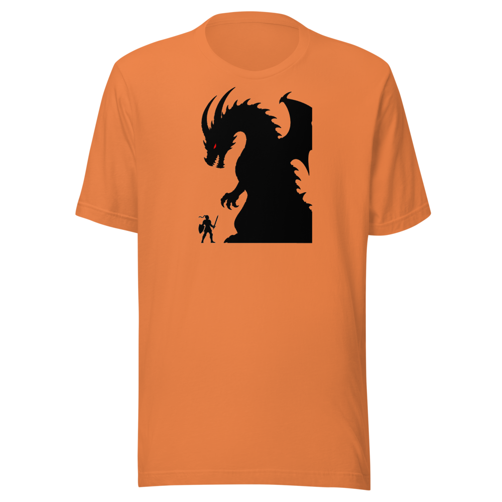 Tiny Hero Giant Boss Silhouette Minimalist Gamer T-Shirt — Premium Tee — burnt orange front view