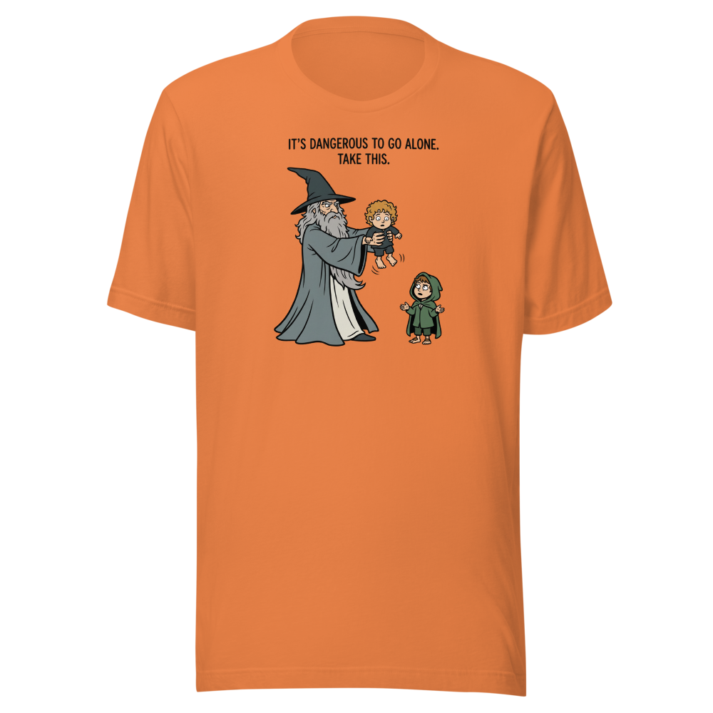 Wizard Hands Off Tiny Hobbit Fantasy Parody Tee — Premium Tee — burnt orange front view