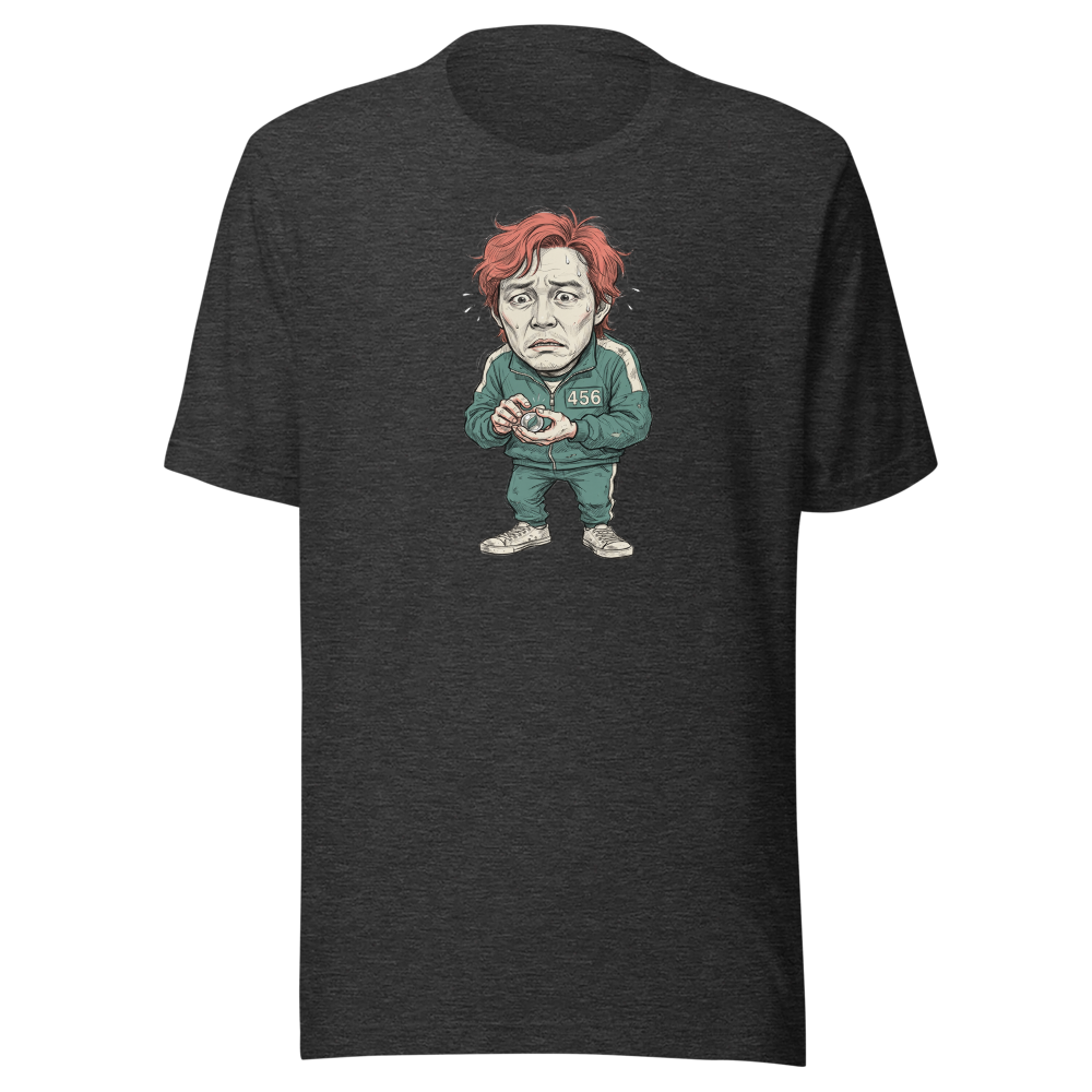 Player 456 Tracksuit Marble Panic Sketch Tee — dark grey heather front view