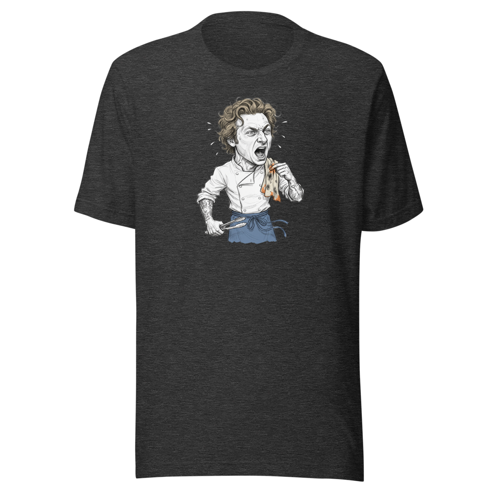 Yes Chef Kitchen Meltdown Pencil Sketch Tee — dark grey heather front view