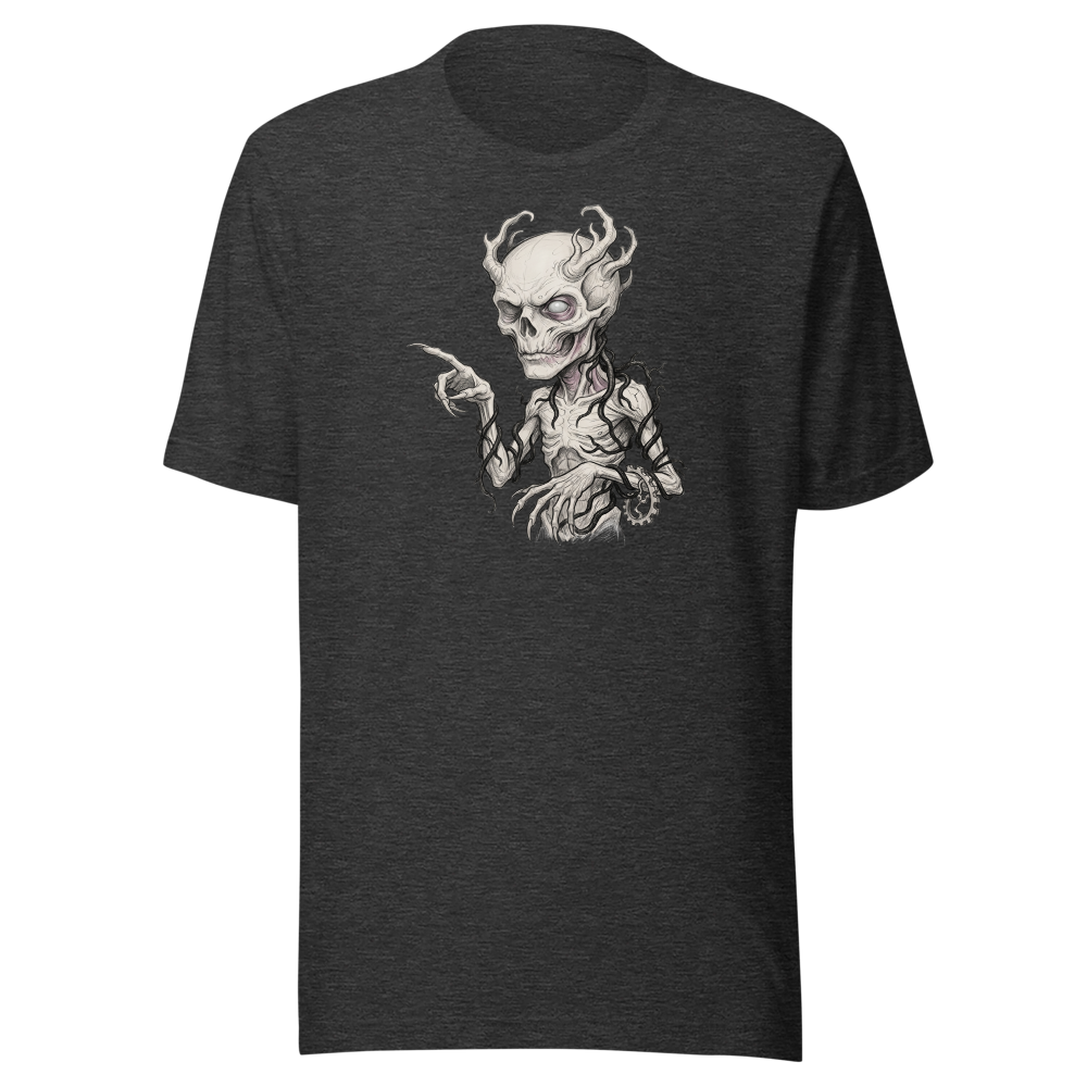 Vine-Wrapped Skull Villain Pencil Sketch Horror Tee — dark grey heather front view