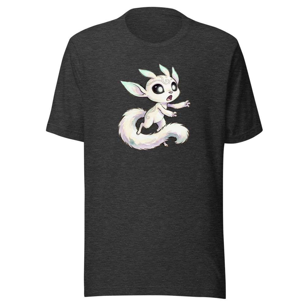 Glowing Forest Sprite Watercolor Caricature Tee — dark grey heather front view