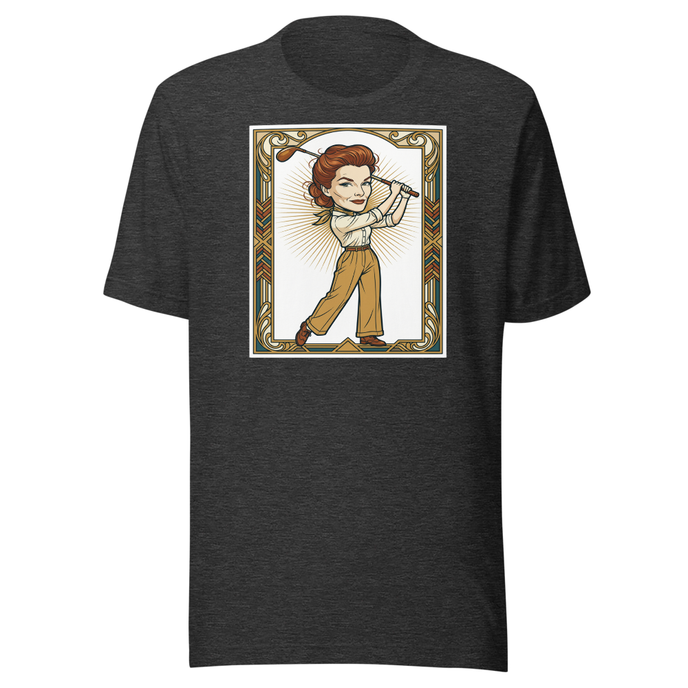 Jazz Age Golf Champion Art Deco Caricature Tee — dark grey heather front view