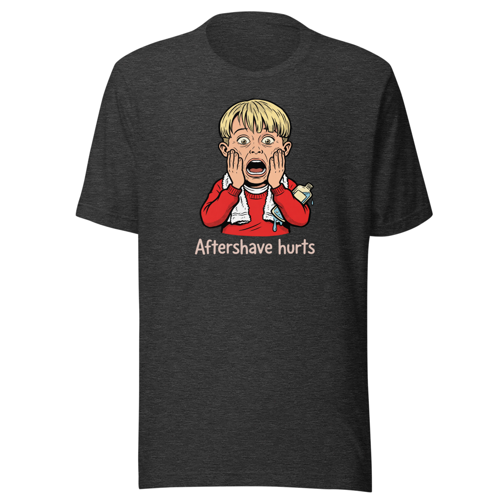 Aftershave Hurts Suburban Scream Comedy Tee — dark grey heather front view