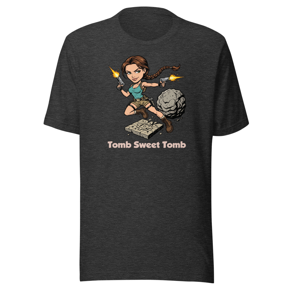 Tomb Sweet Tomb Action Heroine Adventure Tee — dark grey heather front view