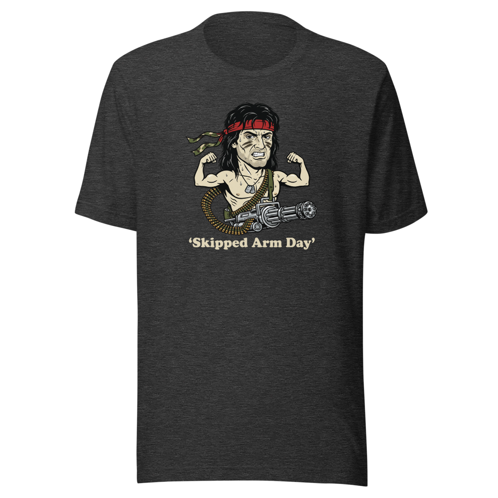 Skipped Arm Day One-Man Army Punk Action Tee — dark grey heather front view
