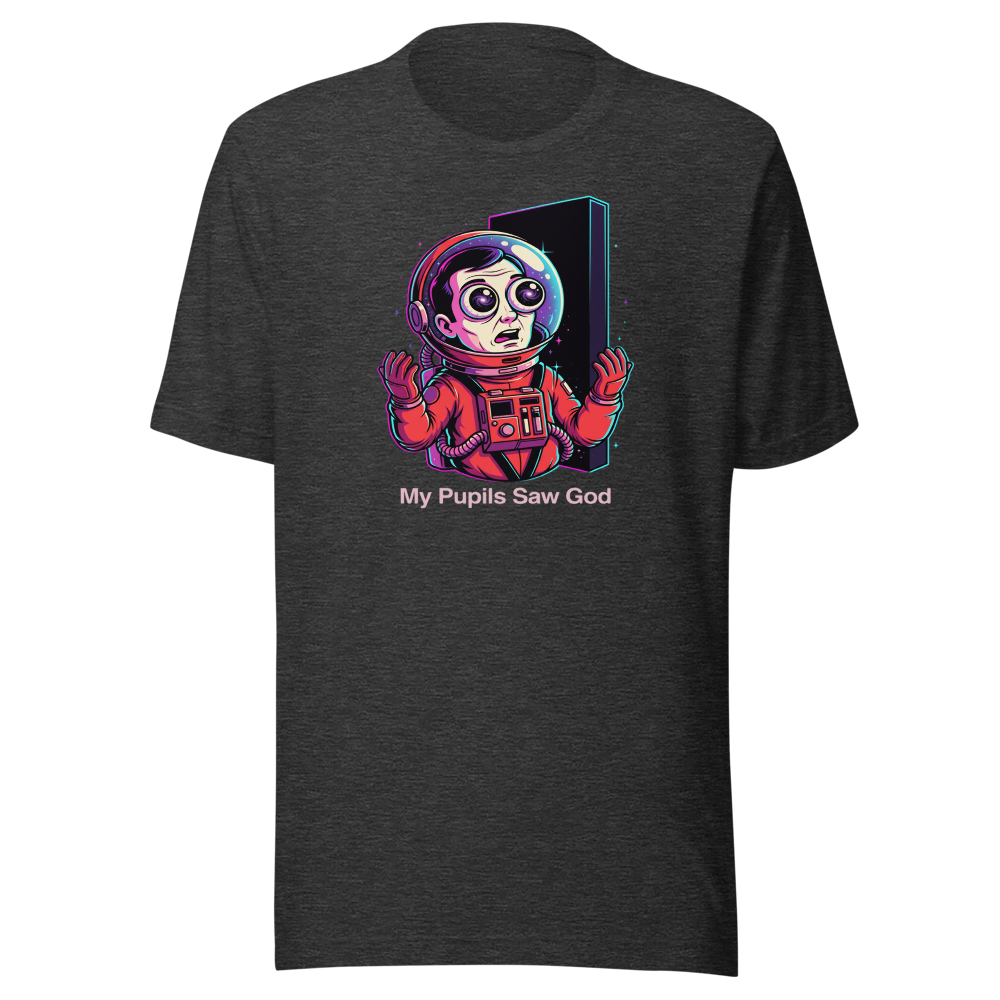 Cosmic Astronaut Monolith Neon Sci-Fi Parody Tee — dark grey heather front view