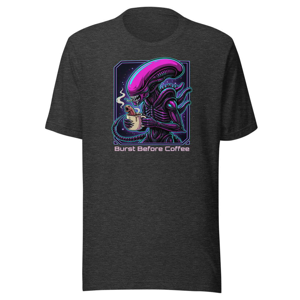 Burst Before Coffee Cyberpunk Alien Horror Tee — dark grey heather front view